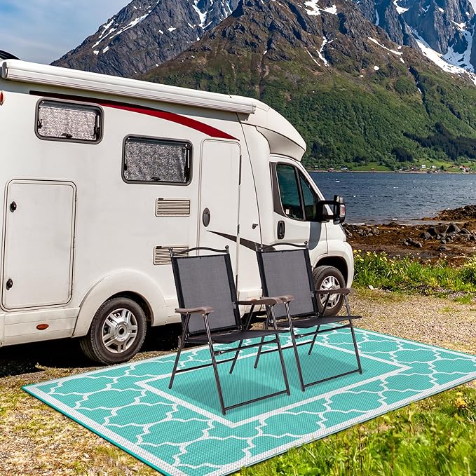 GENIMO 6' x 9' Outdoor Rug Waterproof for Patio Decor, Reversible Plastic Straw Area Mats Carpet for Camper Clearance, Outside Carpet for Rv, Deck, Porch, Beach, Balcony, Aqua Blue & White