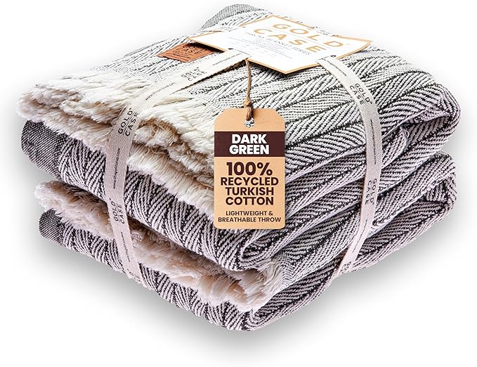 Gold Case Throw Blanket for Couch – 100% Recycled Turkish Cotton Blankets – Elegant Decorative Throw Blankets for Living Room Sofa – Woven Throws for Couch – Vintage Dark Green – 50x60 (Set of 2)