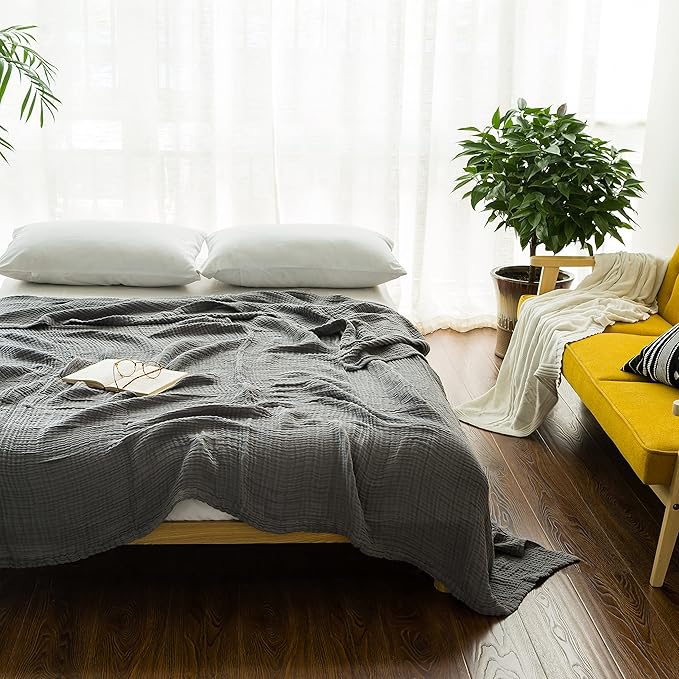 EMME Cotton Blanket Queen Size for Bed Soft Large Muslin Bed Blankets 90"*90" Lightweight Breathable Grey Blanket All Season Gauze Blanket, Grey