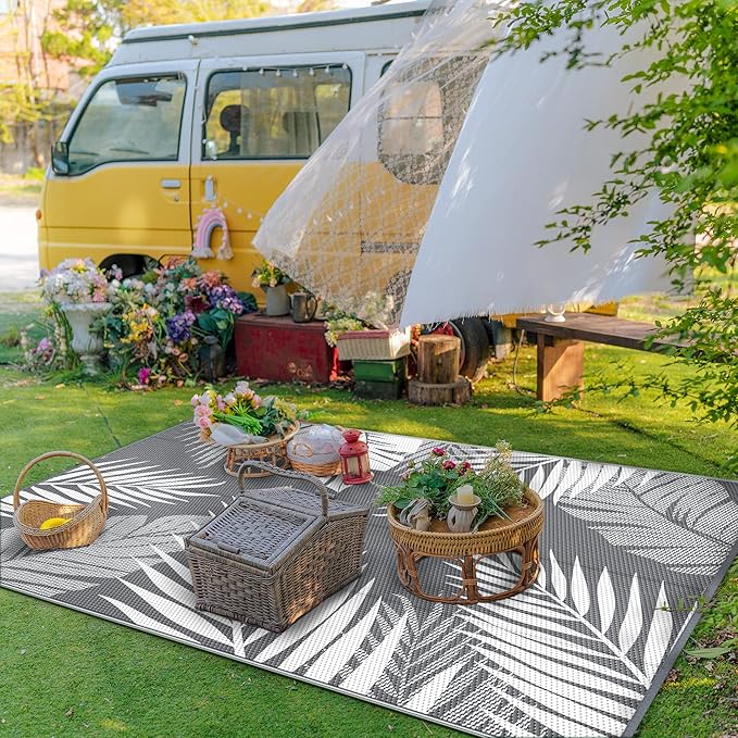 GENIMO Outdoor Rug 8' x 16' Waterproof for Patios Clearance, Reversible Outdoor Plastic Straw Camping Rug Carpet, Large Area Rugs Mats for RV, Camper, Deck, Balcony, Porch, Beach, Picnic, Grey&White
