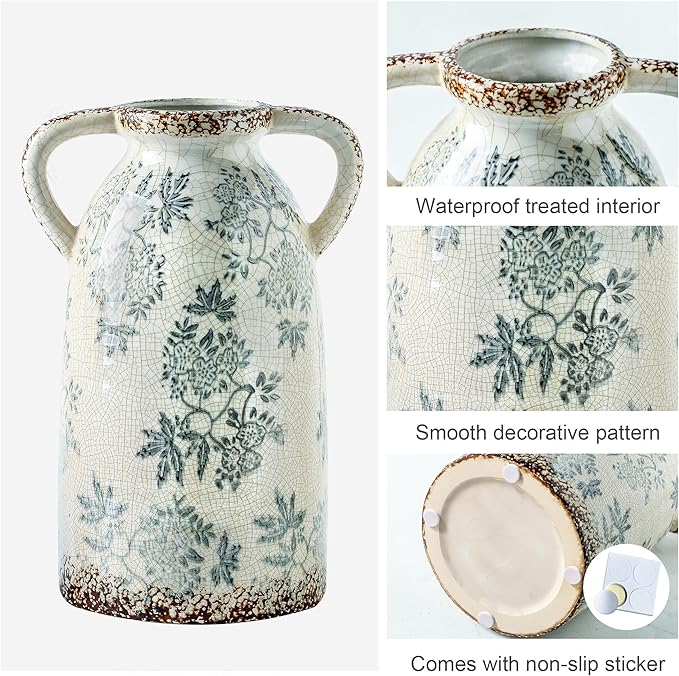 Enra Tall Vintage Blue and White Ceramic Vase with Handle, 11.2 Inch Chinoiserie Decorative Floral Vase, Large Rustic Ceramic Vase for Living Room, Office, Bookshelf, Home Decor