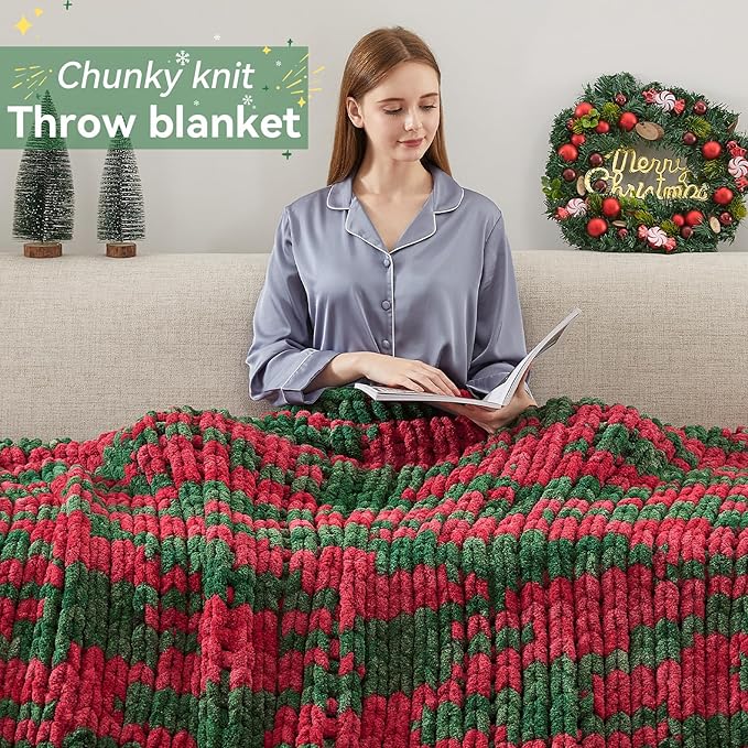Chunky Knit Throw Blanket, 50''*60'' Knitted Throw Chenille Yarn for Bed Couch, Handmade Stripe Crochet Big Thick Blanket, Machine Washable Cute Comfy Blanket for Home Decor