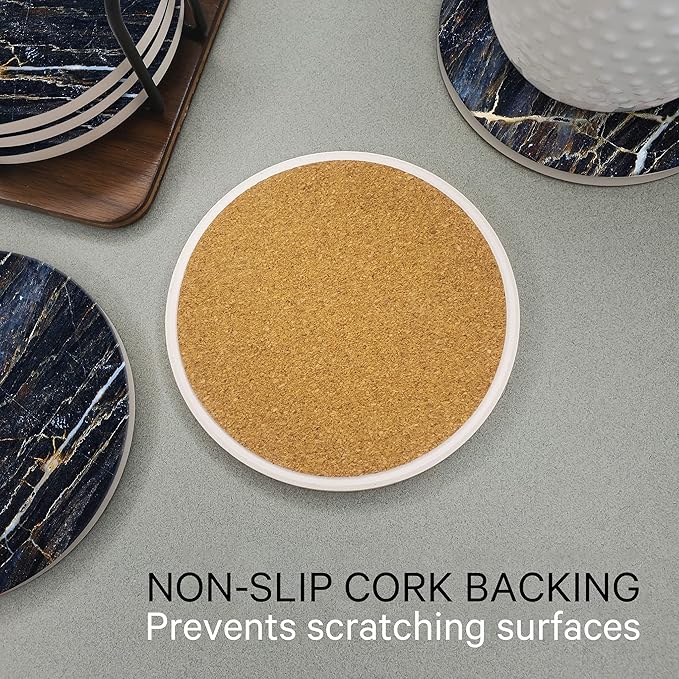 Emerson Coasters for Drinks Absorbent – Natural Stone Drink Coasters Set with Holder, Coasters for Coffee Table, Wooden Tabletop Protection Marble Style – 100% Heavy Duty Set of 6 (Thunder)