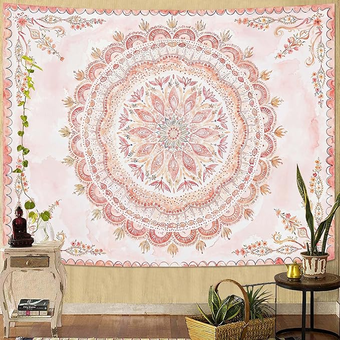 Fowocu Boho Floral Mandala Tapestry Wall Hanging Pink Bohemian Flower Medallion Tapestry Aesthetic Watercolor Hippie Indian Small Tapestries for Bedroom Living Room Dorm Decor 60 x 44 Inch