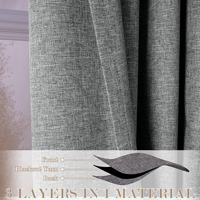 Extra Wide 100% Blackout Linen Textured Curtains - Room Dividers, W200 x L96 (1 Panel), Pinch Pleat Drapes for Living Room, Full Light Block Out Drapery for Sliding Door, Mid Grey