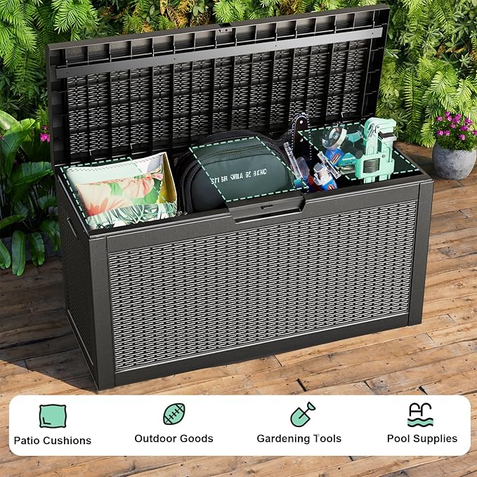 DRATO 60 Gallon Deck Box, Waterproof Resin Large Outdoor Storgae Box for Patio Furniture, Patio Cushions, Gardening Tools, Pool and Sports Supplies, Lockable