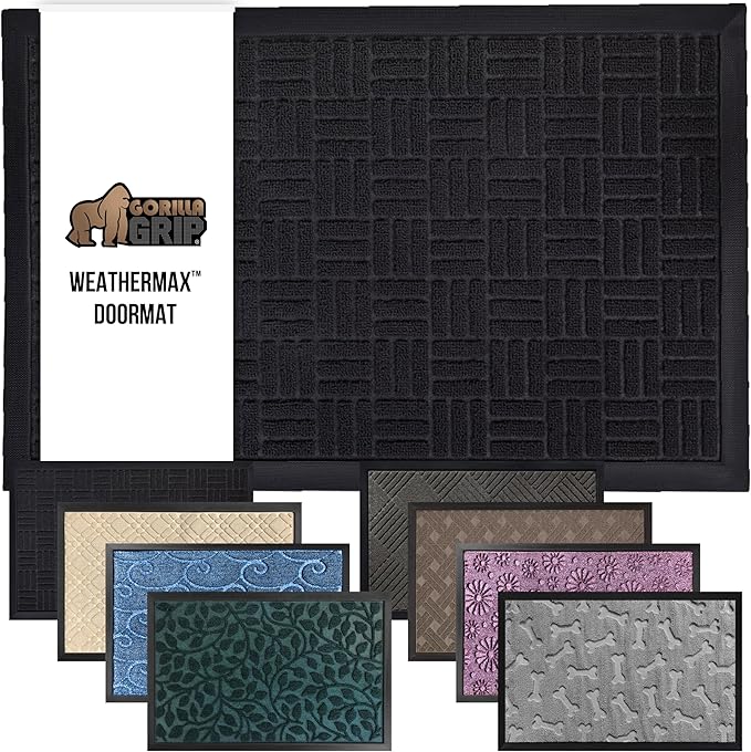 GORILLA GRIP 100% Waterproof All-Season WeatherMax Doormat, 72x24, US Designed Natural Rubber, Stain and Fade Resistant, Low Profile Indoor Outdoor Door Mats, Easy Clean Patio Mat, Black Maze