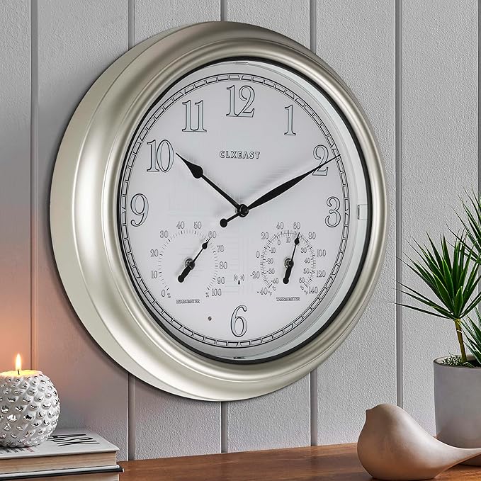 CLXEAST 18 Inch Illuminated Outdoor Indoor Atomic Analog Wall Clock with Temperature & Humidity Combo, Lighted Outdoor Clocks for Patio Large Waterproof with Thermometer, Modern Morning Silver/Gold