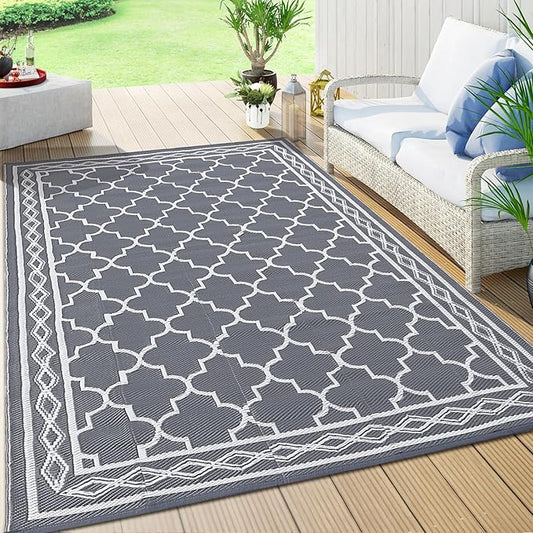 GAOMON Reversible Outdoor Rug 9'x18' Waterproof Plastic Straw Rug, Patio Rug, Large Modern Area Rug Carpet, Indoor Outdoor Rugs for Camping, Porch, Deck, Balcony, Backyard, Grey/White(Geometric)