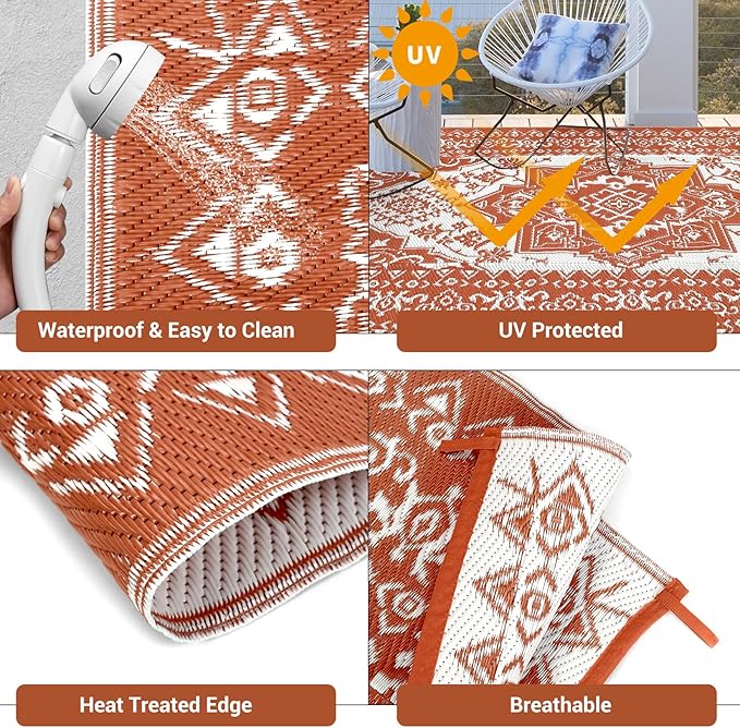 GAOMON Outdoor Plastic Straw Rug 9x12 Waterproof Reversible Patio Rug, Large UV-Resistant Portable RV Camping Mats, Indoor Outdoor Rugs for Outside Deck Front Porch Garden RV, Red & White