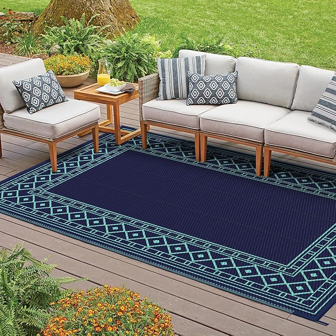 GENIMO Outdoor Rug Waterproof 6'x9' for Patio, Foldable Reversible Plastic Straw Carpet, Outside Area Mat for Patios, Rv, Deck, Picnic, Porch, Camper, Balcony, Beach, Navy Blue & Jade Green