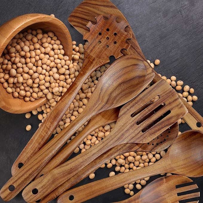 comfoyar Teak Wooden Spoons for Cooking, 10 Pieces Kitchen Cooking Utenails Set with Spatula and Ladle, Heat Resistant Kitchen Cookware for Nonstick Pan