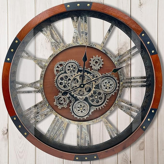 DORBOKER 40" Original Moving Gears Wall Clock, Large Industrial Wall Clock for Living Room Decor,Oversized Wood Vintage Farmhouse Steampunk Rustic Clocks for Wall Decor,Black Walnut
