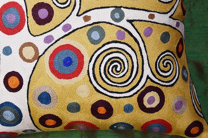 Decorative Pillow Cover Tree of Life Yellow Gold Pillows Botanical Yellows Throw Pillowcase for Couch | Mid Century Pillows for Sofa | Hand Embroidered Cushions Wool 18x18