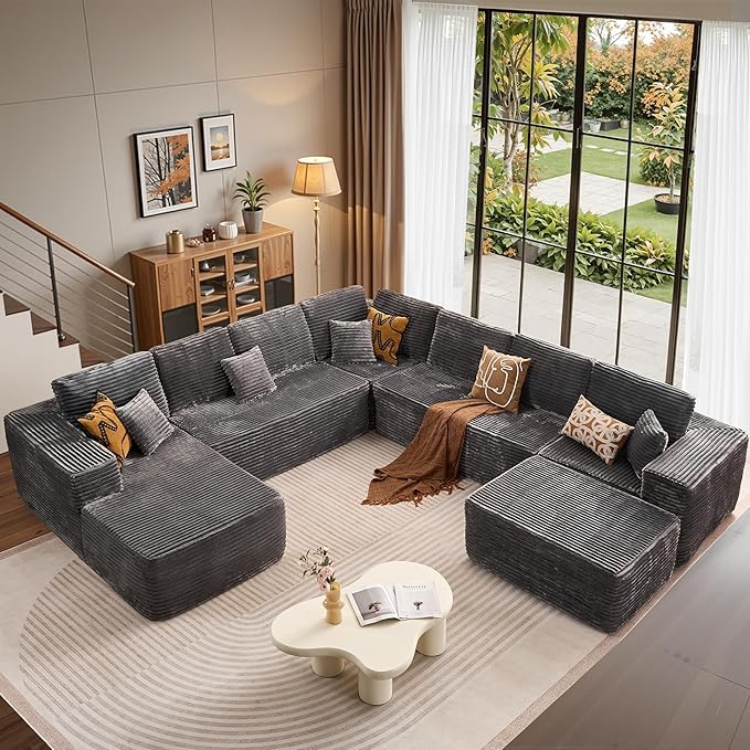 Cloud Sectional Couches for Living Room,G Shaped Modular Sofas No Assembly,135x133 Inches Plush Corduroy Oversized Floor Couch Set with Deep Seat Chaise,Grey