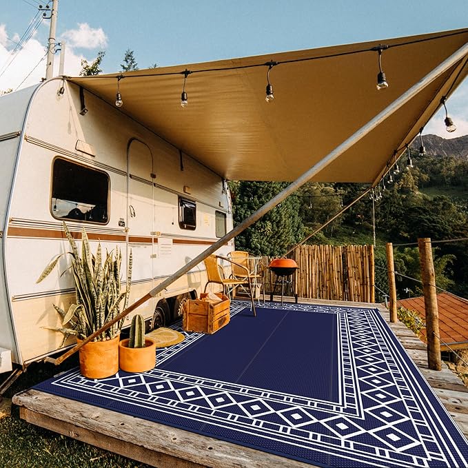 GENIMO Outdoor Rug Waterproof Area 10'x14' for Patio, Foldable Reversible Plastic Straw Carpet for Travel Trailers, Outside Mat for Rv, Deck, Picnic, Porch, Camper, Balcony, Beach, Blue & White