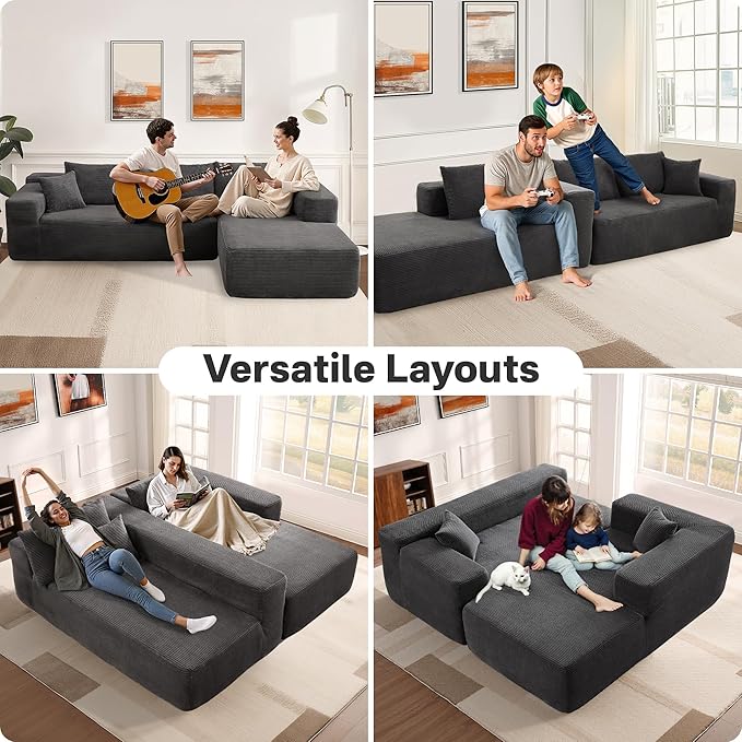 104" Cloud Sectional Couches for Living Room,L Shaped Boneless Couch in A Box,Sleeper Sofa with Comfy Chaise No Assembly Required,Grey