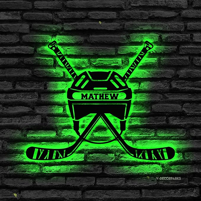 Custom Hockey LED Sign - Goalie Helmet Personalized Name Sign with Crossed Sticks, Light Up Goalie Mask Hockey Room Decor for Boys, Players, Fans