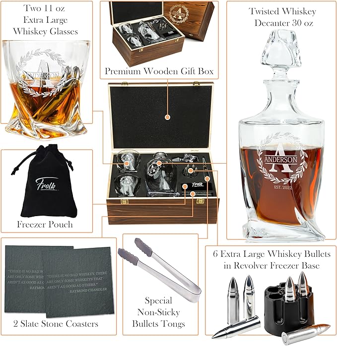Frolk Personalized Whiskey Decanter and Stones Set - Customized Gift for Him - Men, Dad, Father - Twisted Whiskey Decanter, 2 XL Glasses, 6 XL Whiskey Chillers, 2 Coasters, Tongs, Pouch in Wooden Box