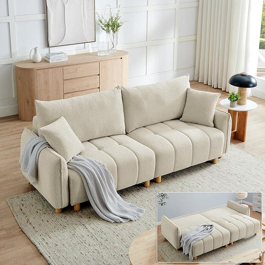 Convertible Sofa Bed, 90" Full Size Sleeper Sofa with Storage, Tufted Chenille 3 Seat Sofa Couches for Living Room, Small Spaces, Guest Room, Apartment, Beige