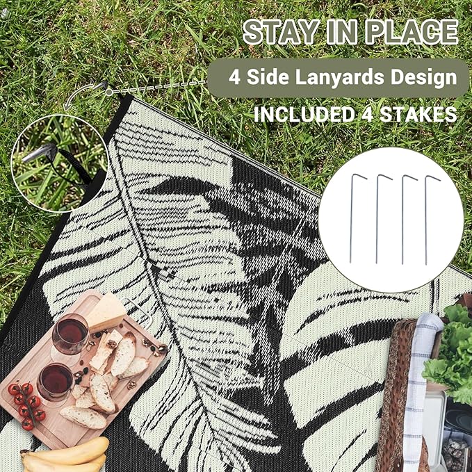 GAOMON Waterproof 8x10 Outdoor Rug Reversible Plastic Straw Rug Modern Patio Carpet, Foldable Lightweight RV Camping Mat with Portable Bag & 4 Stakes, UV Resistant & Sturdy for Picnic, Beige