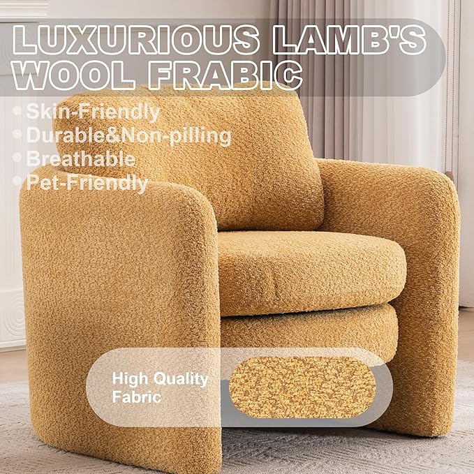 Chenille Accent Armchair Oversize Upholstered Barrel Comfy Modern Round Lounge Sofa Chair with Pillow Cozy Reading Chairs for Apartment,Office,Living Room,Dining,Makeup,Club,Yellow 2SET