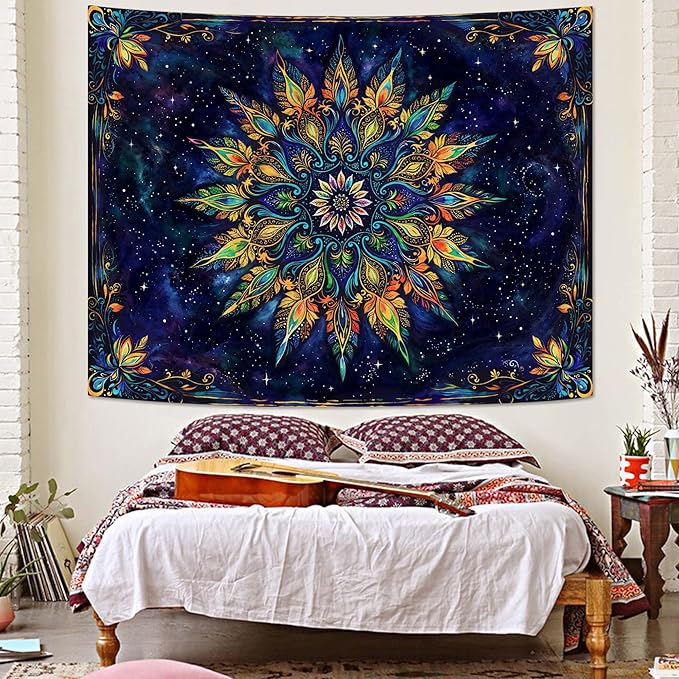 Fowocu Boho Floral Mandala Tapestry for Bedroom Aesthetic Blue Bohemian Colorful Flower Wall Tapestry Purple Hippie Indian Small Tapestries Wall Hanging for Living Room Dorm Decor 48 x 36 Inch