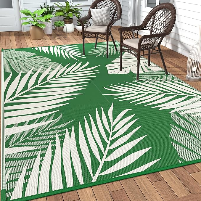 GENIMO Outdoor Rug 8' x 10' Waterproof for Patios Clearance, Reversible Outdoor Plastic Straw Camping Rug Carpet, Large Area Rugs Mats for RV, Picnic, Backyard, Deck, Balcony, Porch, Dark Green&White