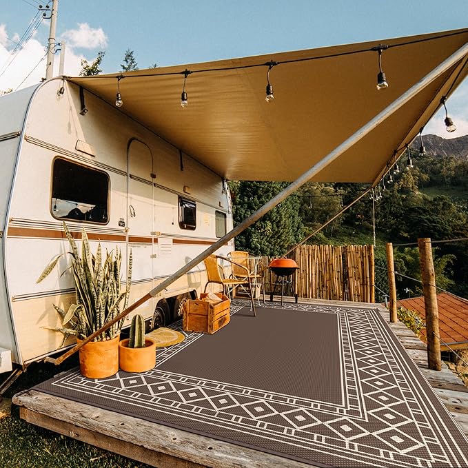GENIMO Outdoor Rug Waterproof for Patio, 10'x14' Foldable Reversible Plastic Straw Carpet for Travel Trailers, Outside Area Mat for Rv, Deck, Picnic, Porch, Camper, Balcony, Beach, Coffee & Beige