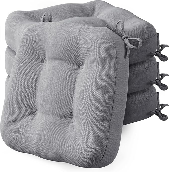 Codi Dining Chair Cushions 4 Pack, Thick Chairs Pads for Indoor Kitchen Room - Washable, Non-Slip Seat Cushion with Ties, 16.5"x16.5"x 3.5", Set of 4, Grey
