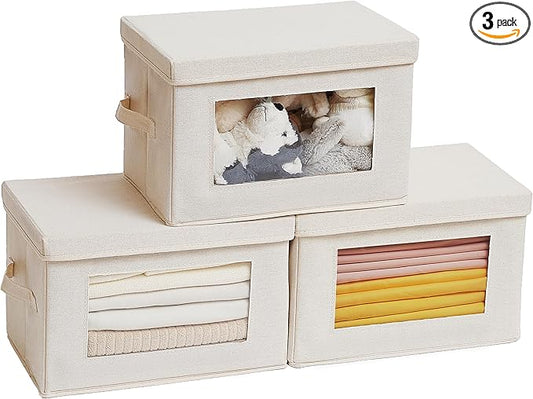 Citylife 3 Pack Storage Bins with Lids, Fabric Foldable Storage Bins with Soft Cord Handles, Canvas Storage Bin with Lid for Organizing Clothes, Blankets and Books, Beige