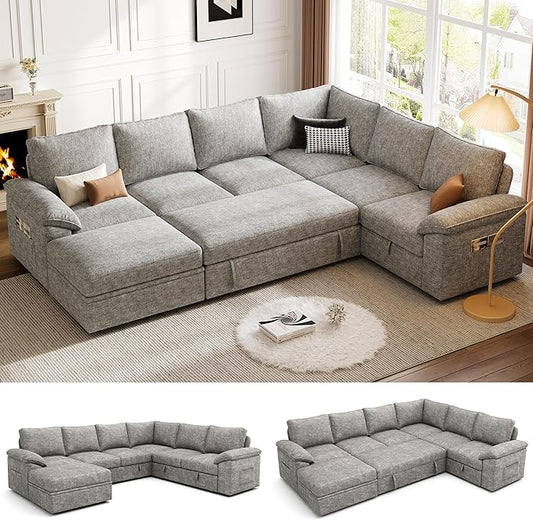 108 Inch Modular Sectional Sofa with Pull Out Bed,U Shaped 7 Seat Sectional Sleeper Sofa with Storage,Sectional Couches for Living Room,Cloud Modular Couch,Removable Sofa Cover,Light Gray