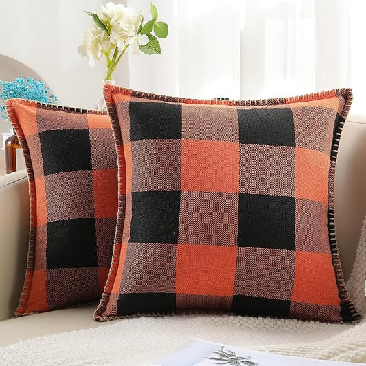 decorUhome Fall Orange and Black Decorative Throw Pillow Covers 18x18 Set of 2, Buffalo Plaid Check Farmhouse Cushion Covers with Stitched Edge for Autumn Harvest Couch Sofa Bed Home Decor