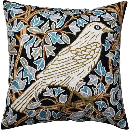 Cream Floral French Style Modern Floral Throw Pillow Cover - Hand Embroidered - 18x18 - White, Multicolor - Living Room, Bedroom, Outdoors, Accent, Home Staging