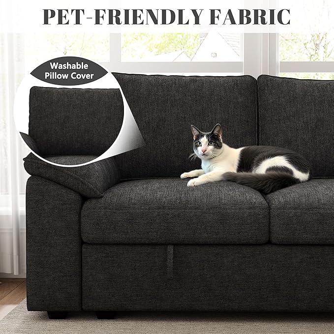 108 Inch Modular Sectional Sofa with Pull Out Bed,U Shaped 7 Seat Sectional Sleeper Sofa with Storage,Sectional Couches for Living Room,Cloud Modular Couch,Removable Sofa Cover,Black