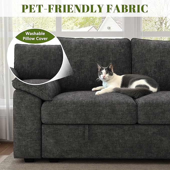 108 Inch Sectional Sleeper Sofa with Pull Out Bed,U Shaped 7 Seat Modular Sectional Sofa with Storage,Sectional Couches for Living Room,Cloud Modular Couch,Removable Sofa Cover,Dark Grey