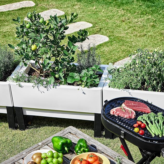 Glowpear Self Watering Planter Box - 29.5", White - UV Stable, Scalable Urban Raised Garden Bed with Water Gauge, Indoor Outdoor for Vegetables, Flowers, Herbs, and Succulents, Gardening