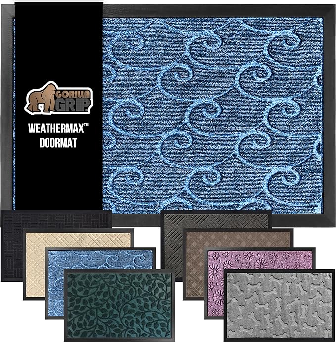 GORILLA GRIP 100% Waterproof All-Season WeatherMax Doormat, 47x35, US Designed Natural Rubber, Stain and Fade Resistant, Low Profile Indoor Outdoor Door Mats, Easy Clean Patio Mat, Ocean Blue Waves