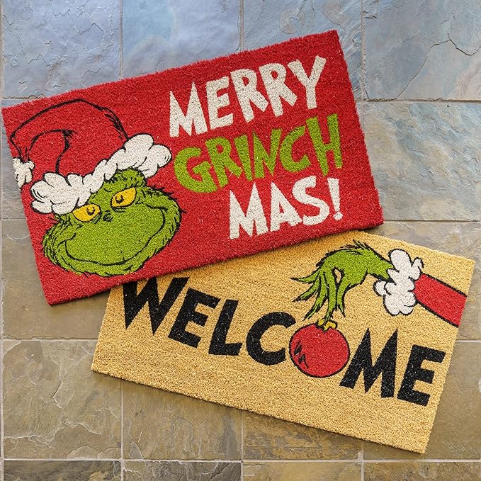 Gertmenian Disney Mickey Mouse Doormat Rug Retro Front Door Coir Mat Home Indoor Outdoor Entryway Carpet, 2-Pack 20x34, The Grinch Welcome/Merry Grinchmas