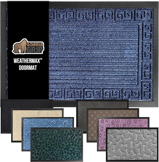 GORILLA GRIP 100% Waterproof All-Season WeatherMax Doormat, 47x35, US Designed Natural Rubber, Stain and Fade Resistant, Low Profile Indoor Outdoor Door Mats, Easy Clean Patio Mat, Navy Greek Keys