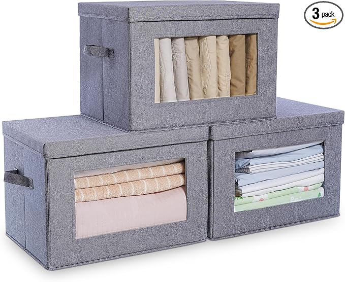 Citylife 3-Pack Collapsible Storage Bins with Lids, Linen Fabric Foldable Storage Boxes, Cube Closet Organization for Clothes, Blankets and Books, Gray